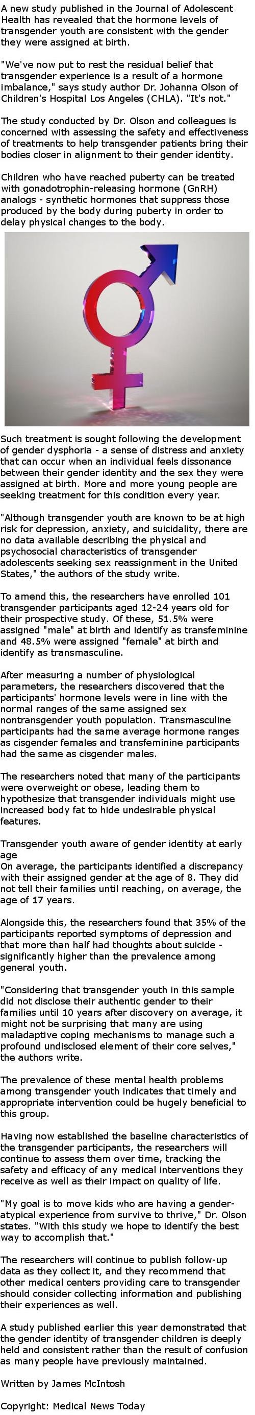 Transgender children do not have hormone imbalance